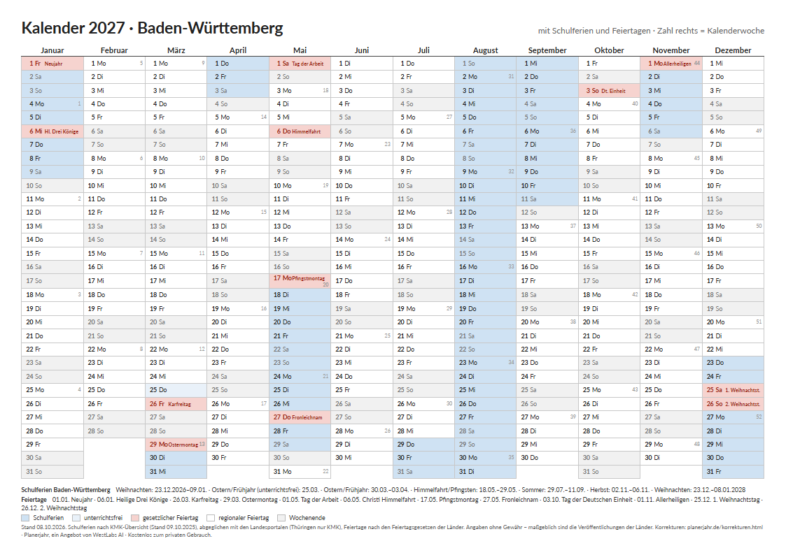 Vorschau: Kalender 2027 Baden-Württemberg im Querformat mit farbig markierten Schulferien und Feiertagen