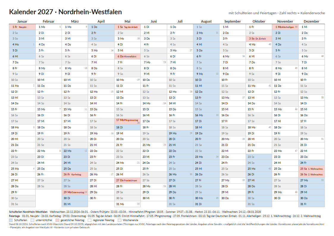 Beispiel: Kalender 2027 Nordrhein-Westfalen im Querformat